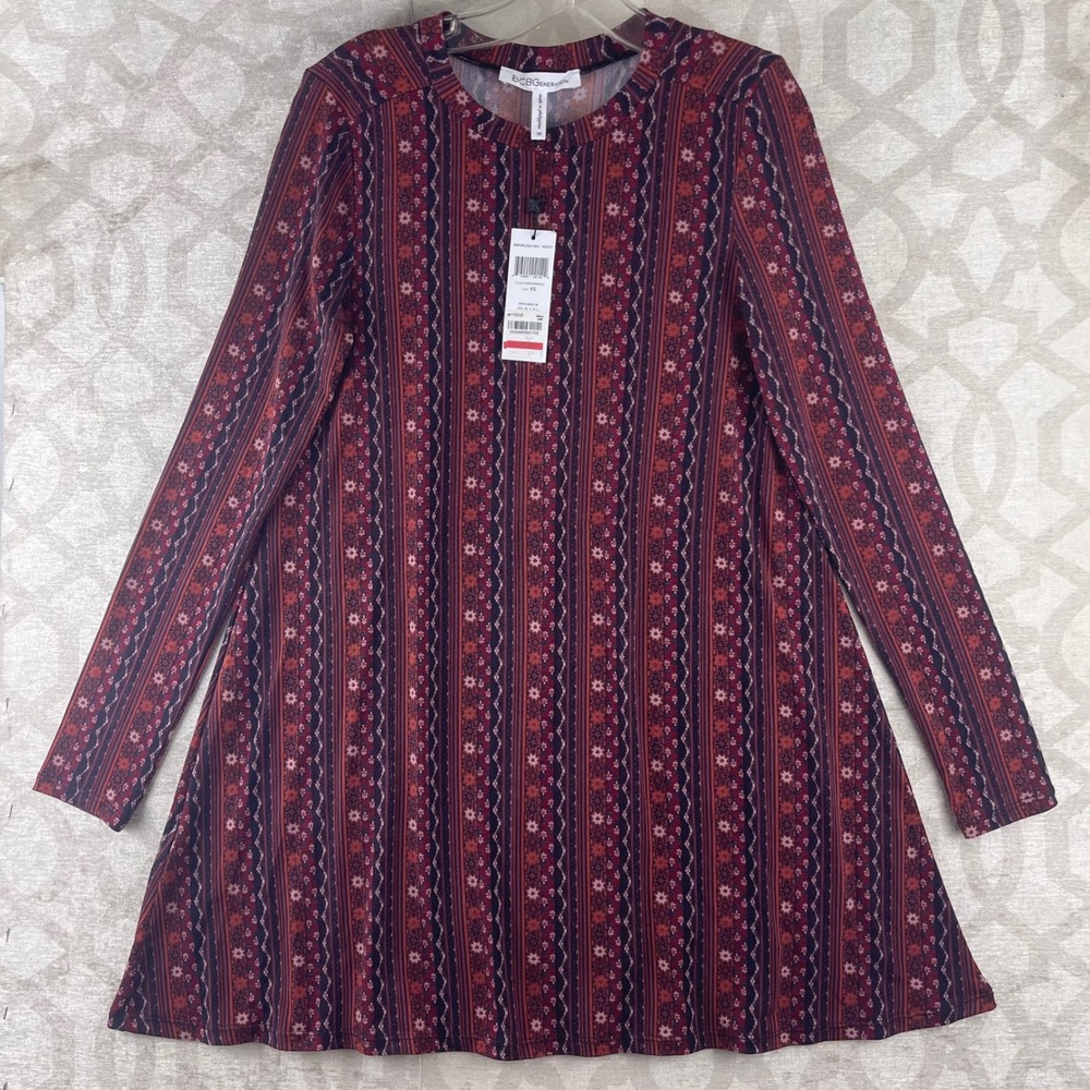 BCBGeneration Womens XS Maroon Geometric Floral Stripe Long Sleeve Swing Dress - Picture 1 of 8